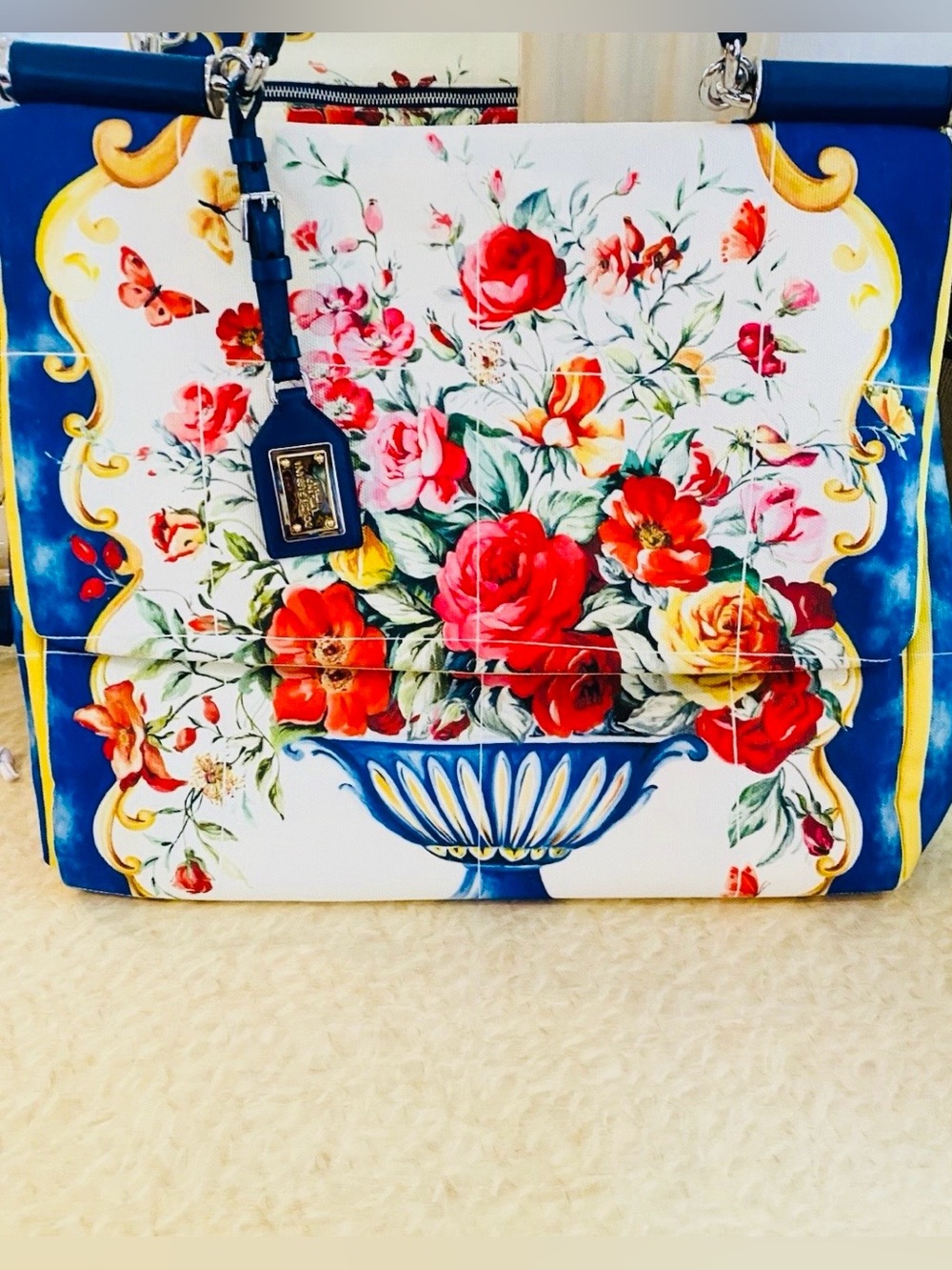 Dolce Gabbana Sicily Floral Multicolor Canvas Leather Top Handle Bag